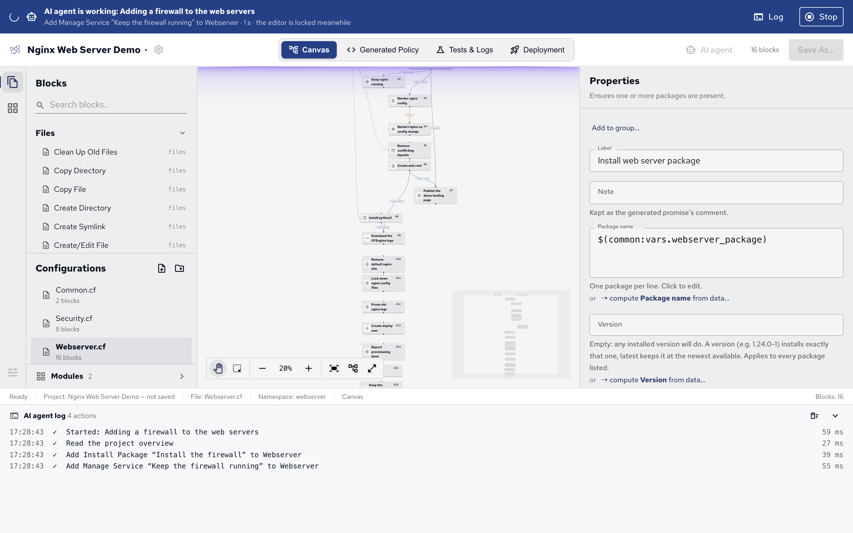 An AI agent at work, with its log open