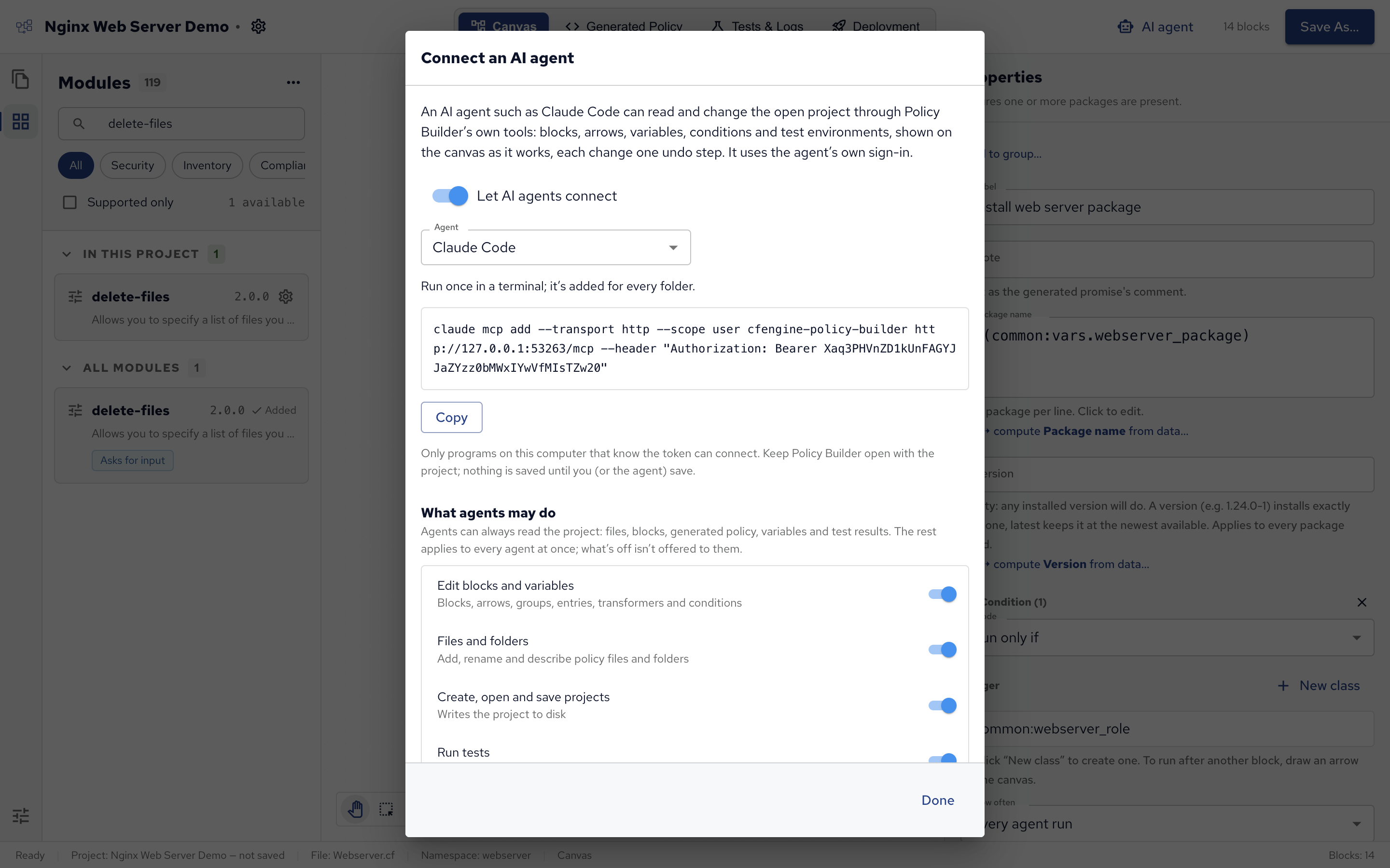 The Connect an AI agent dialog