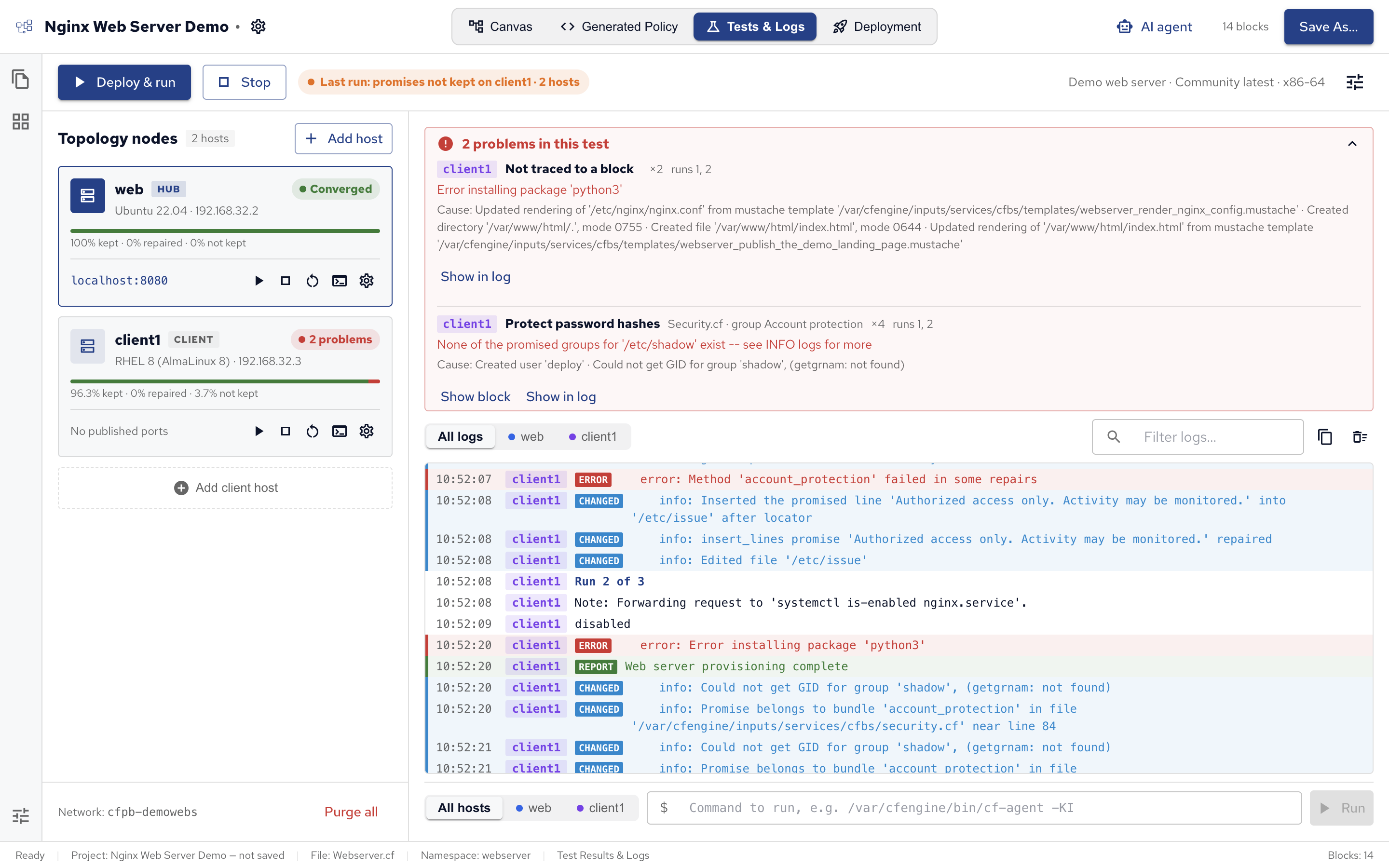 The demo on a RHEL 8 client: two problems