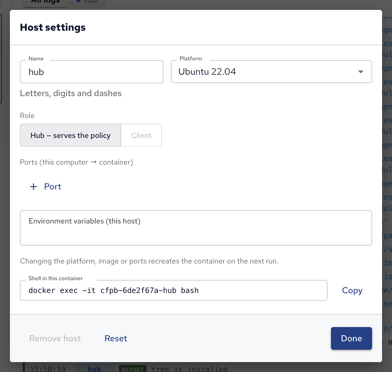 A running host&rsquo;s settings, with the command for a shell in it