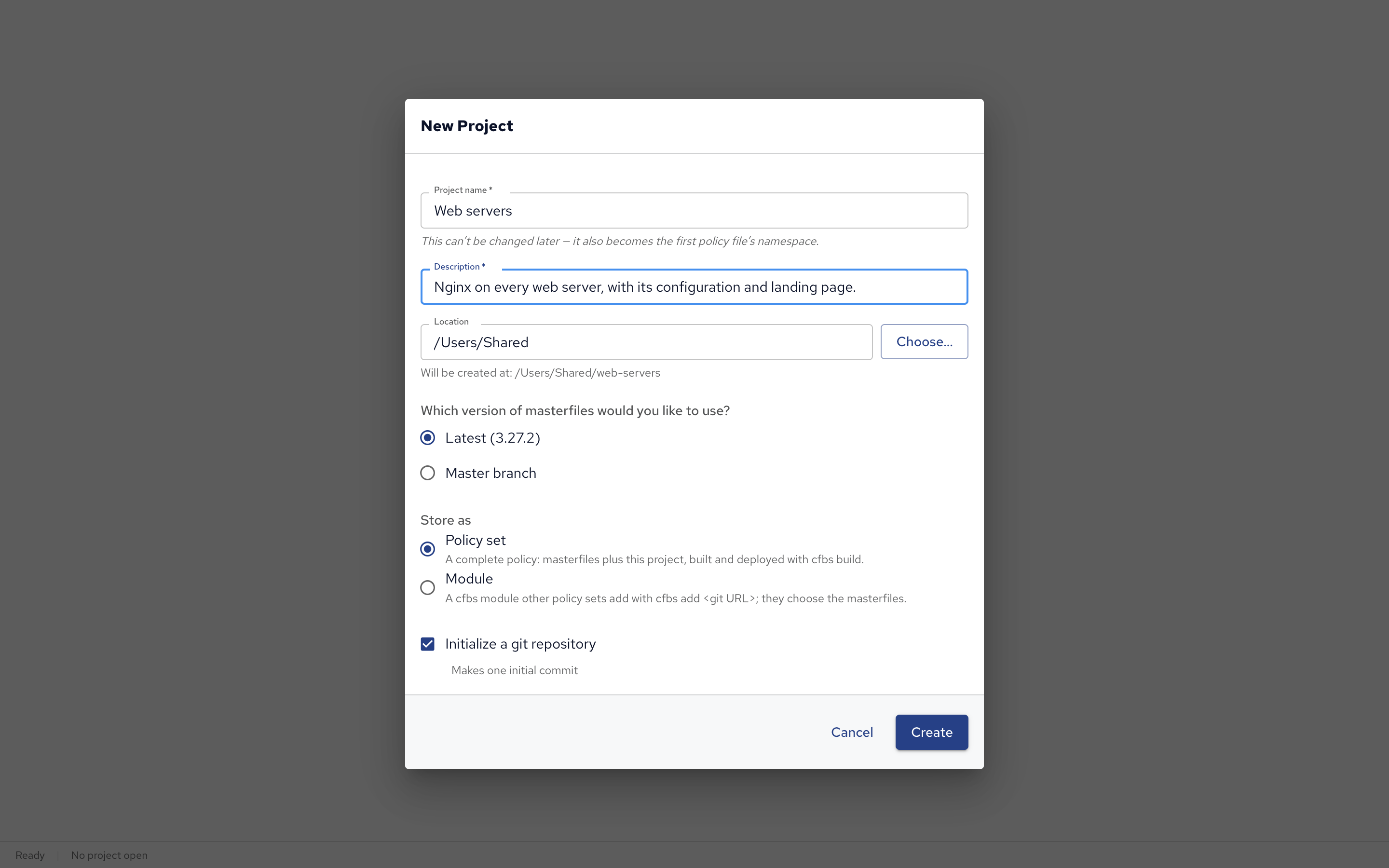 The New Project dialog
