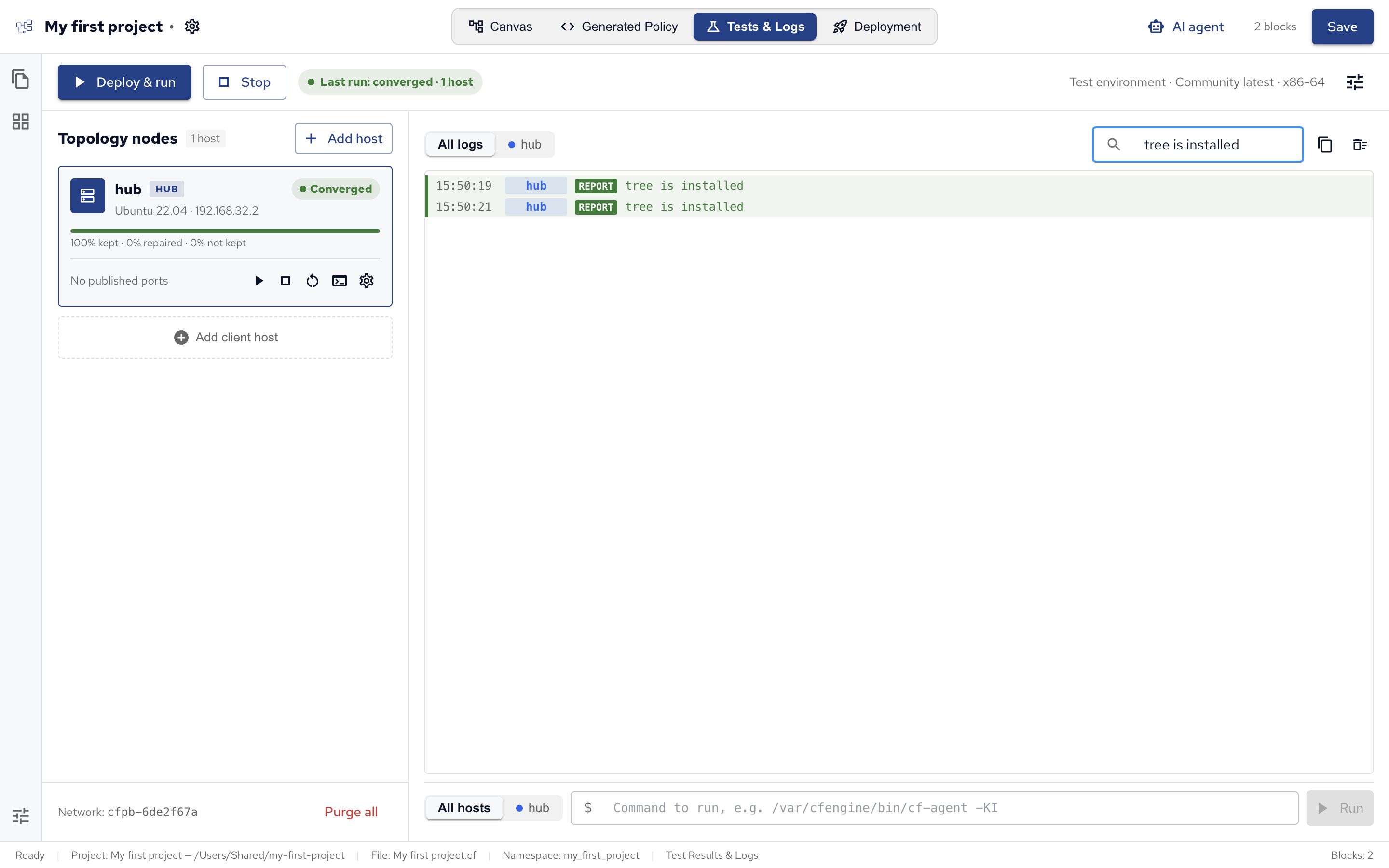 The Tests & Logs view