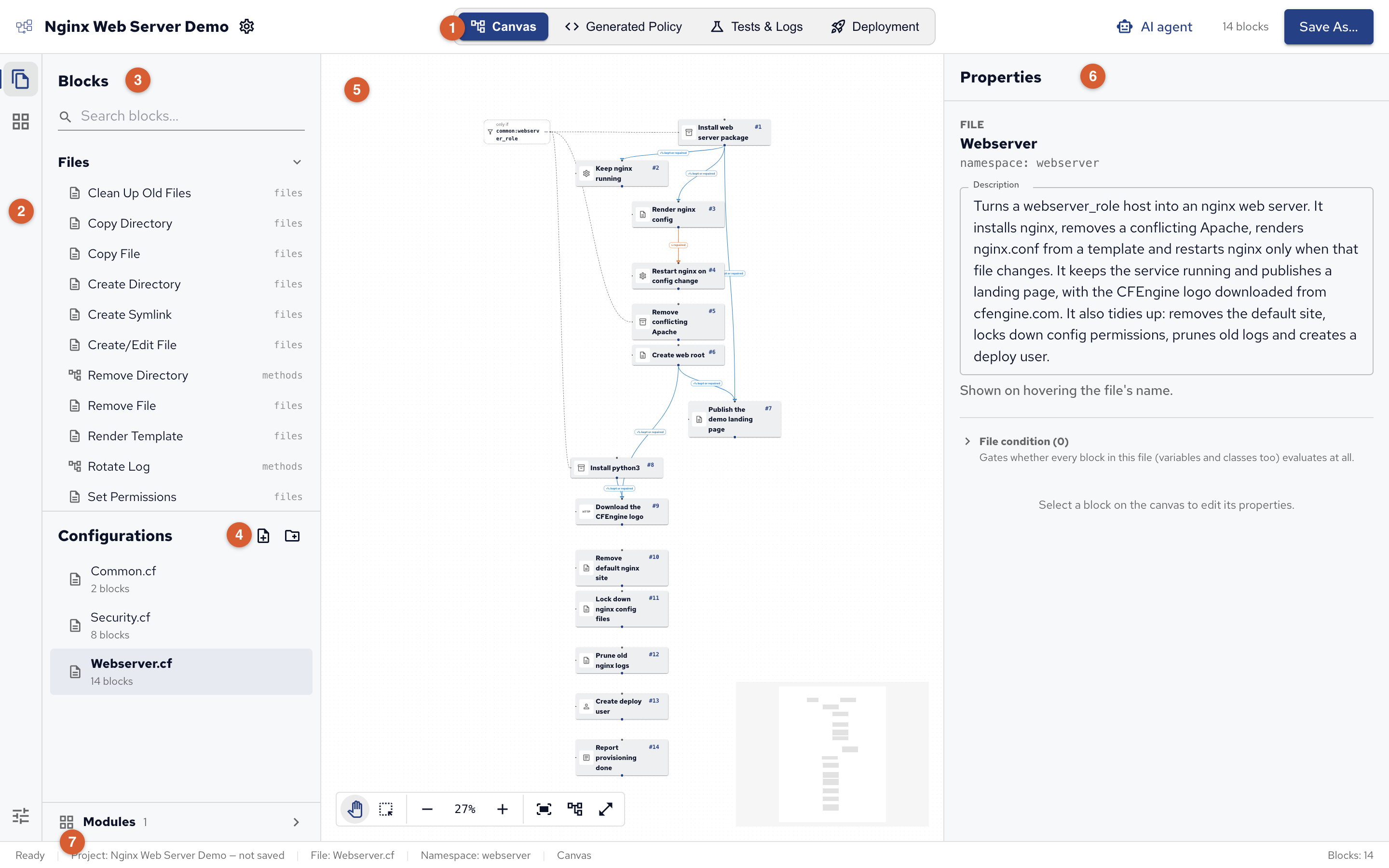 The parts of the Policy Builder window