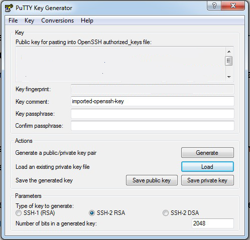The PuTTYgen Key Generator Window; note that the actual key and key fingerprint has been blanked out